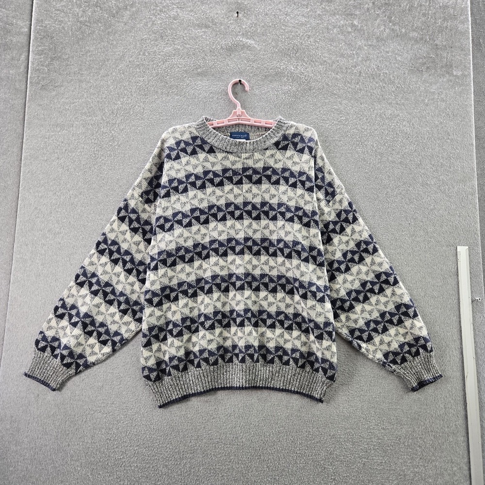 VINTAGE Towncraft Men Sweater L/G Gray Geometric Ribbed Made In USA 90s‎ Dad